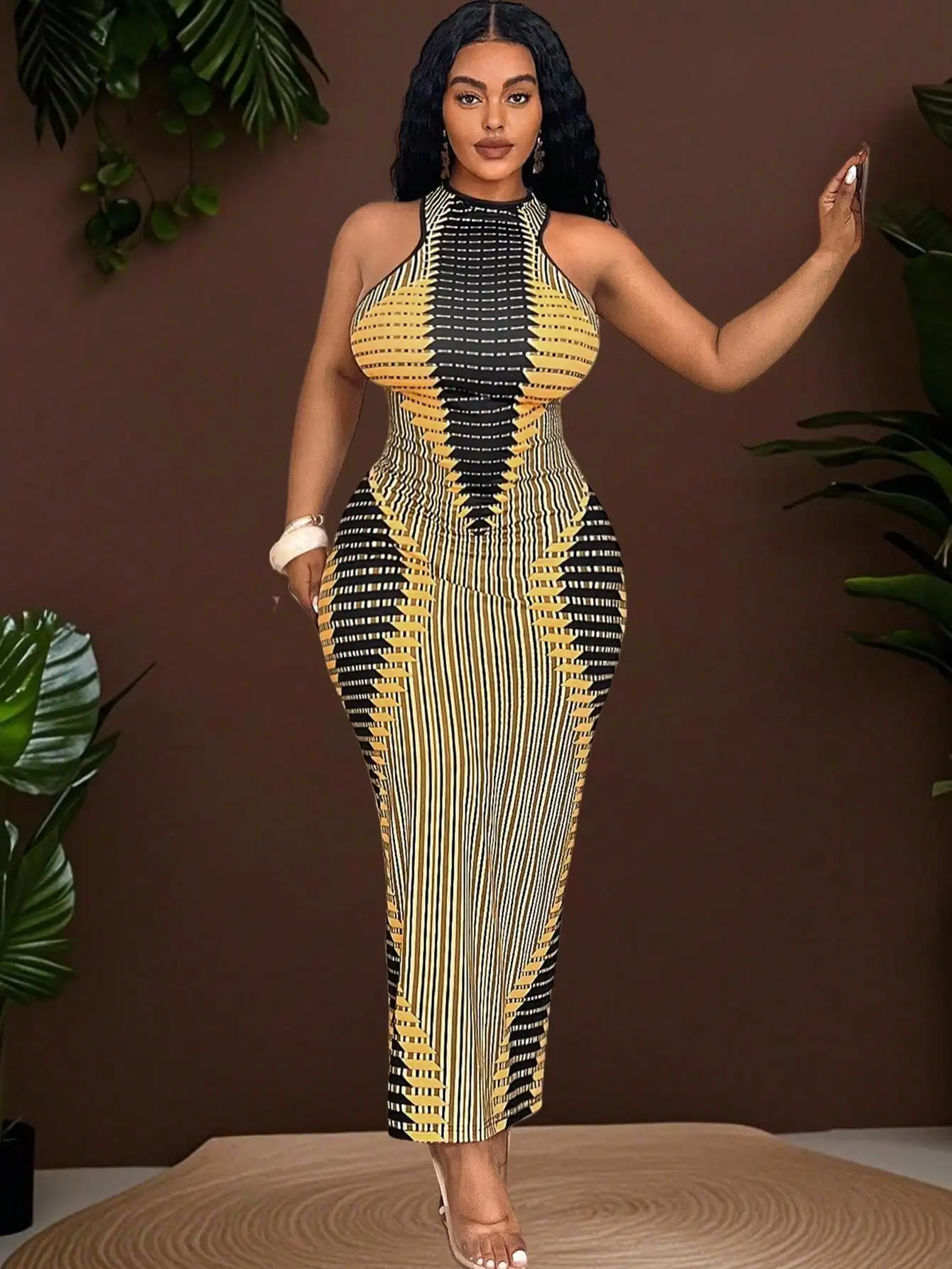 

Plus Size Women Sleeveless Mandarin Collar Bodycon Dress Yellow Black Geometric Print Midi