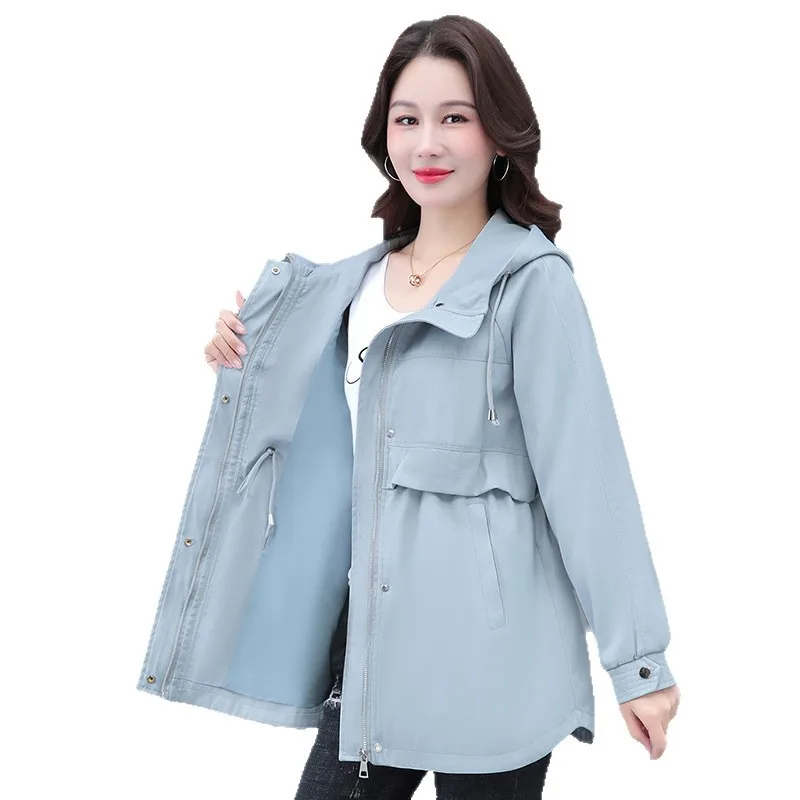 Damska odzież wiosenno-jesienna, płaszcz typu trencz o średniej długości, nowa moda 2025, damski casualowy top z kapturem, khaki wiatrówki, podstawowy płaszcz damski.