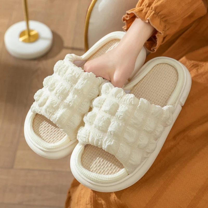 Thick-soled Linen Slippers Women Indoor Slippers Open Toe Anti-Slip Flat Slipper Couples Slides Spring Summer Autumn