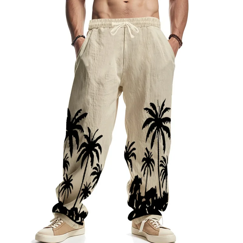 

Men Linen Beach Pants Fashion Hawaiian Tropical Print Summer Loose Casual Drawstring Trousers for Streetwear