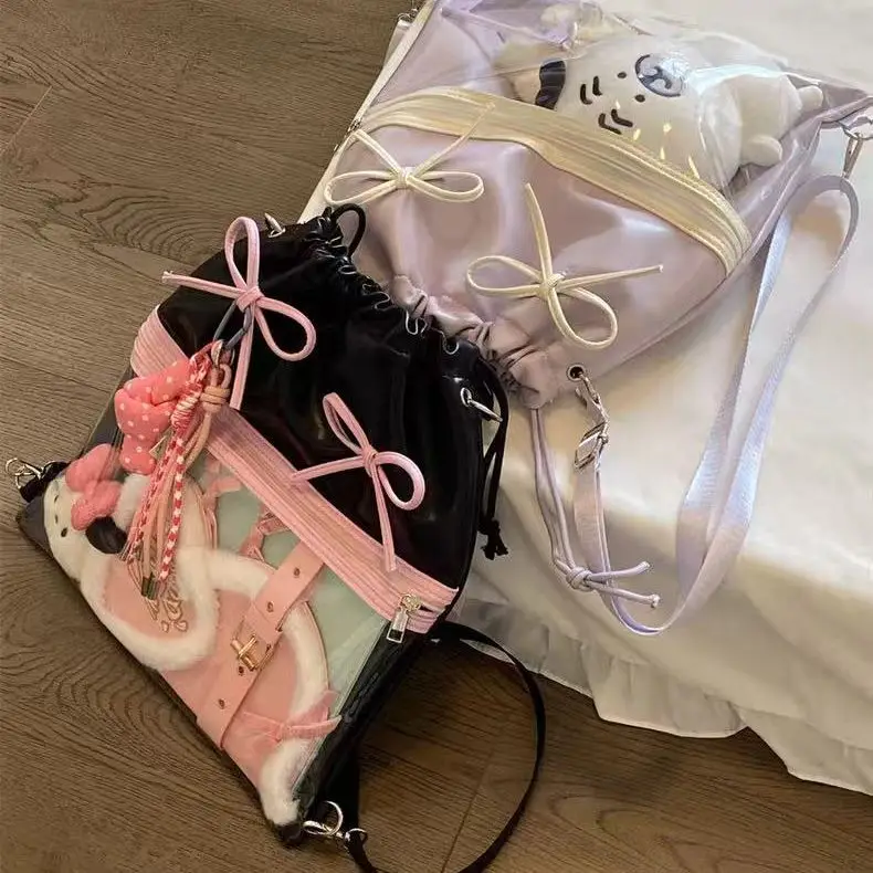 JIAERDI الحلو لطيف القوس الرباط حمل حقيبة المرأة أنيمي شفافة سعة كبيرة Ita حقيبة السيدات اليومية عارضة تنوعا على ظهره