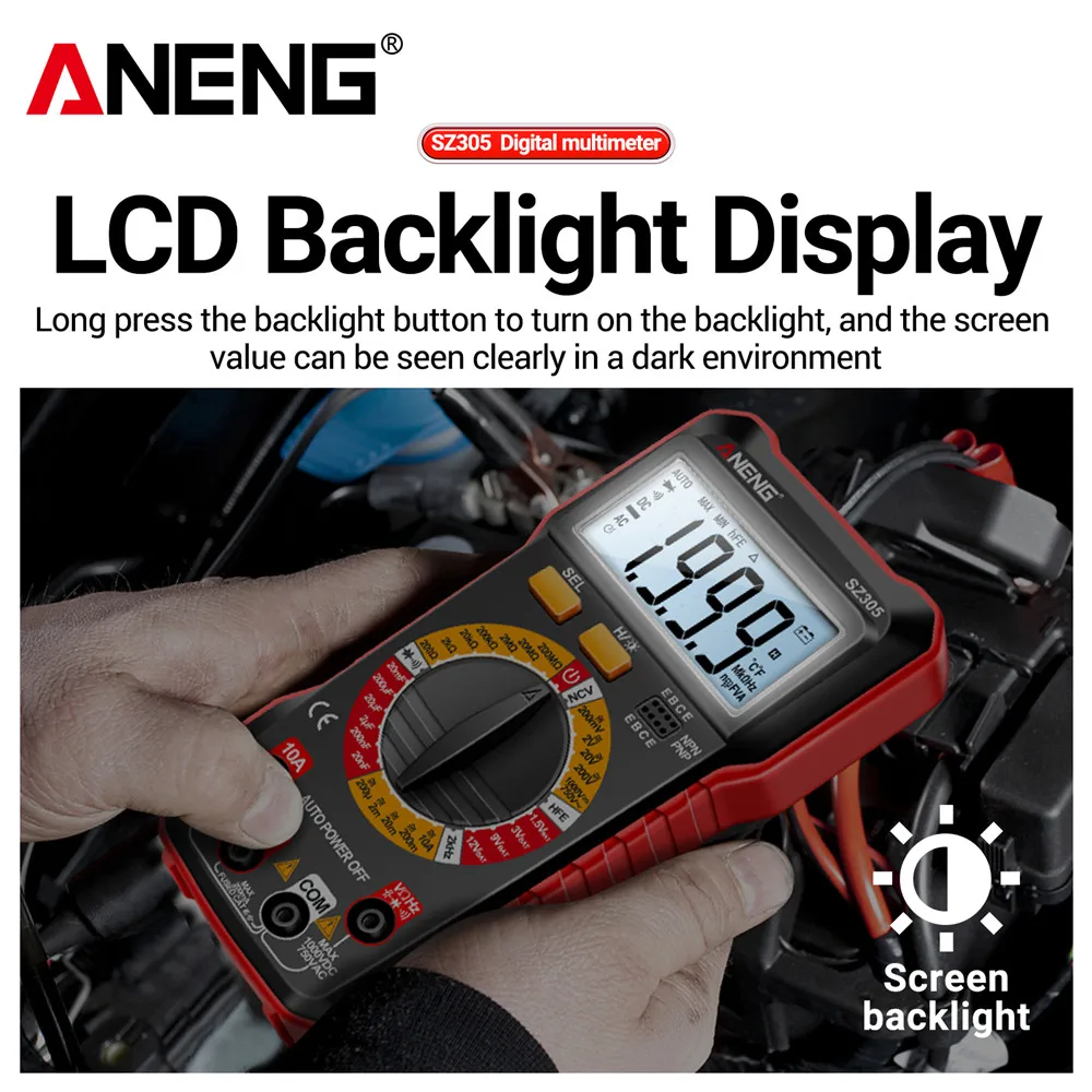 اختبار متعدد القياسات المهنية ANENG SZ305 الرقمية AC / DC الجهد الحالي NCV الجهد الاستقراء hFE الثلاثي ثنائي قياس متعدد القياسات أدوات الكهربائي