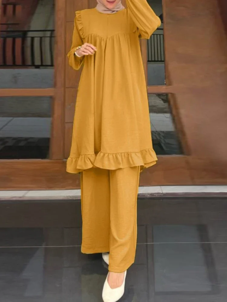 Ramadan Eid Muslim Set Two Piece Shirt &Pants Women Suits Shirt Blouse Musulman Ensembles Moroccan Kaftan Islamic Dress Sets