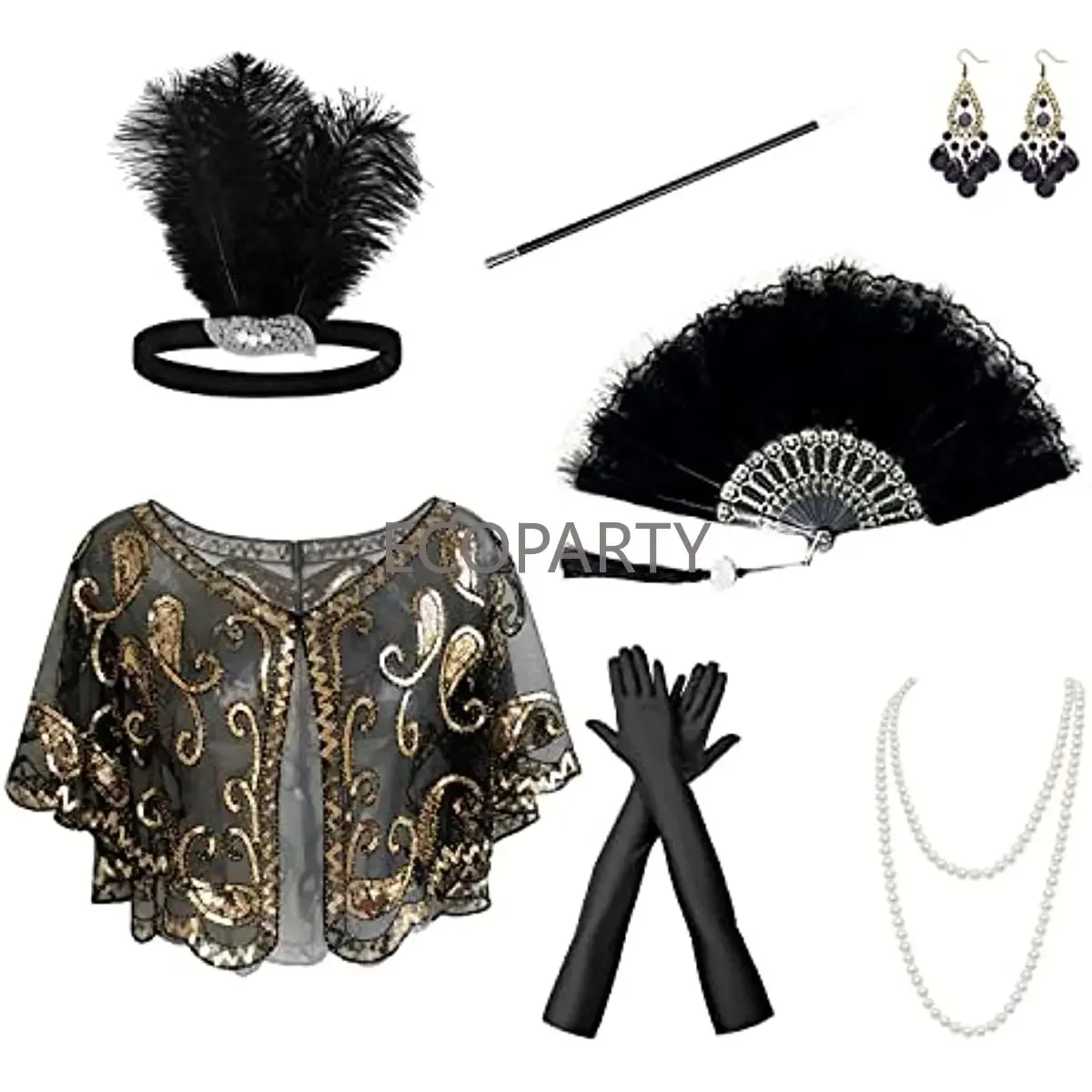 1920s Accessories Women Set Sequin Shawl Evening Flapper Dress Cape Headband,Earrings,Pearl Necklace Gloves Bracelet,Gatsby