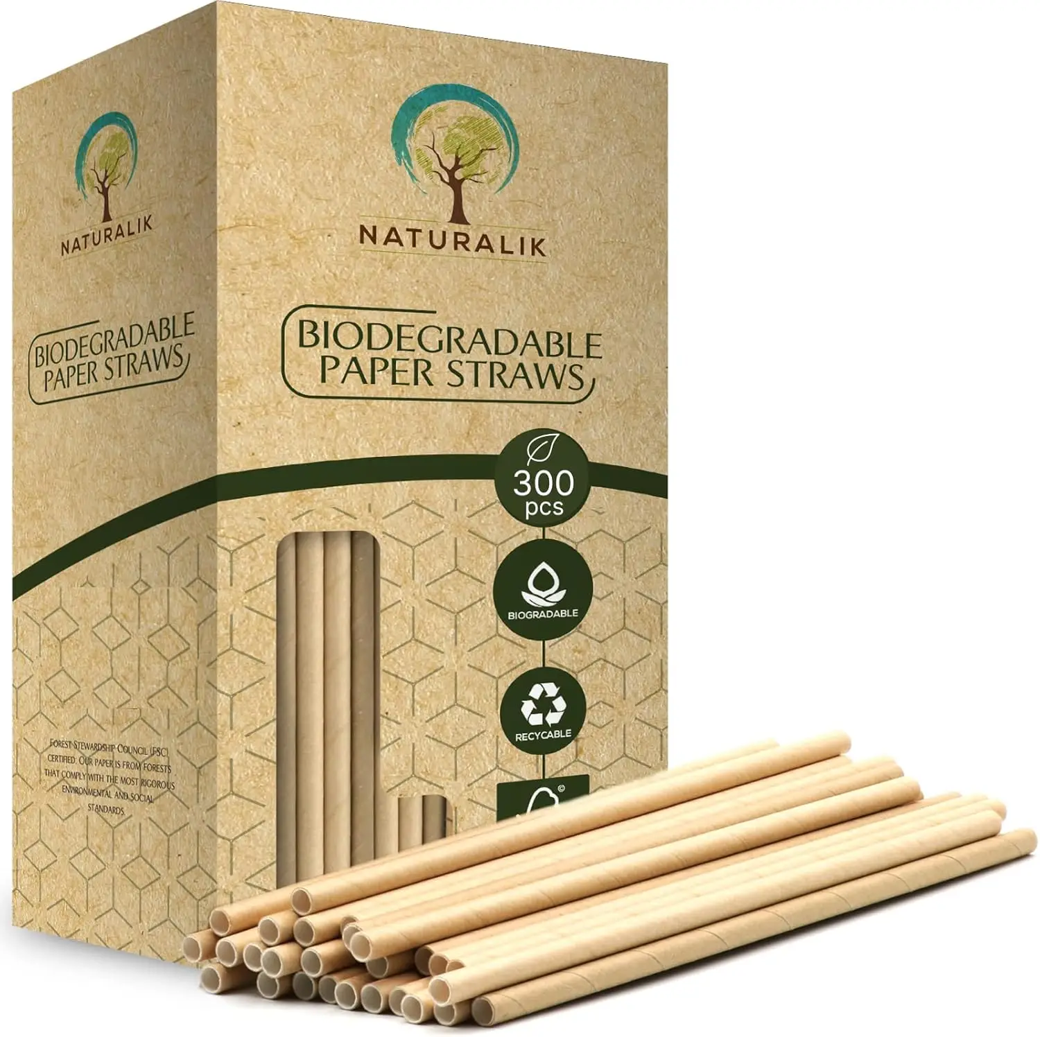 

300-Pack Extra Durable Biodegradable Brown Paper Straws, 7.7" Long, for Juices and Parties