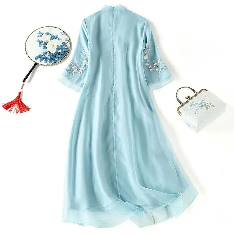 Ropa tradicional china de verano Para Mujer, Vestidos Cheongsam modernos modificados con cuello redondo y manga media azul, Elegantes Para Mujer