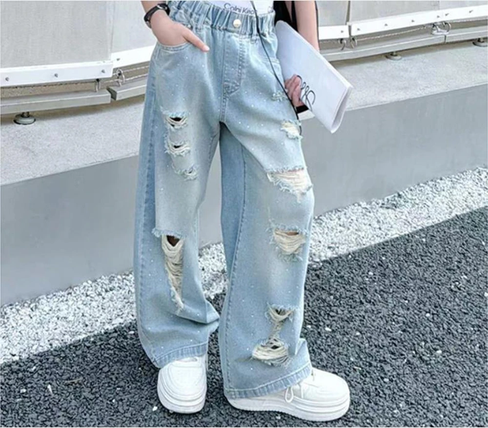

Teen Girls Ripped Wide Leg Jeans Summer School Trendy Denim Pants Casual Versatile Straight Trousers for Kids Fashion 4-14 Years