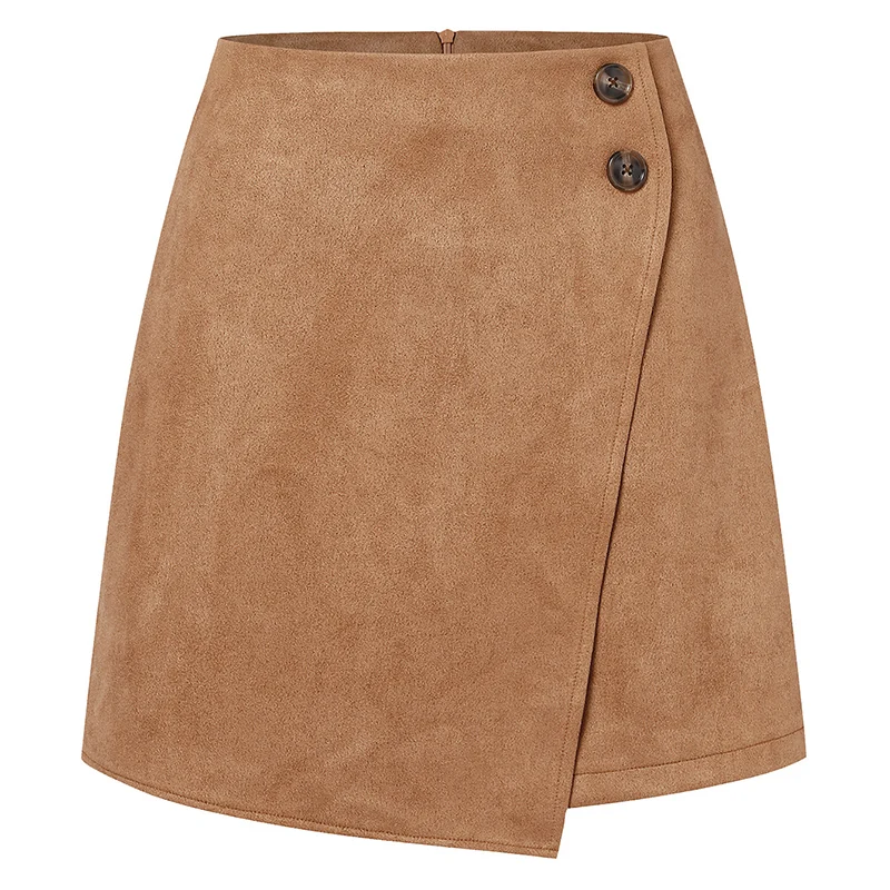 Mini jupes Chic en Faux daim pour femmes, Design à boutons irréguliers, taille haute, fermeture éclair, jupe trapèze pour dames, printemps automne