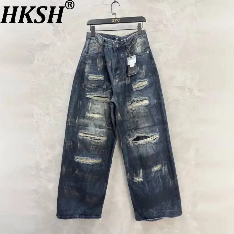 

HKSH Spring New Men Tide Punk Patchwork Silhouette Jeans Trendy Washed Straight Denim Pants Fashion Versatile Casual Ins HK22107