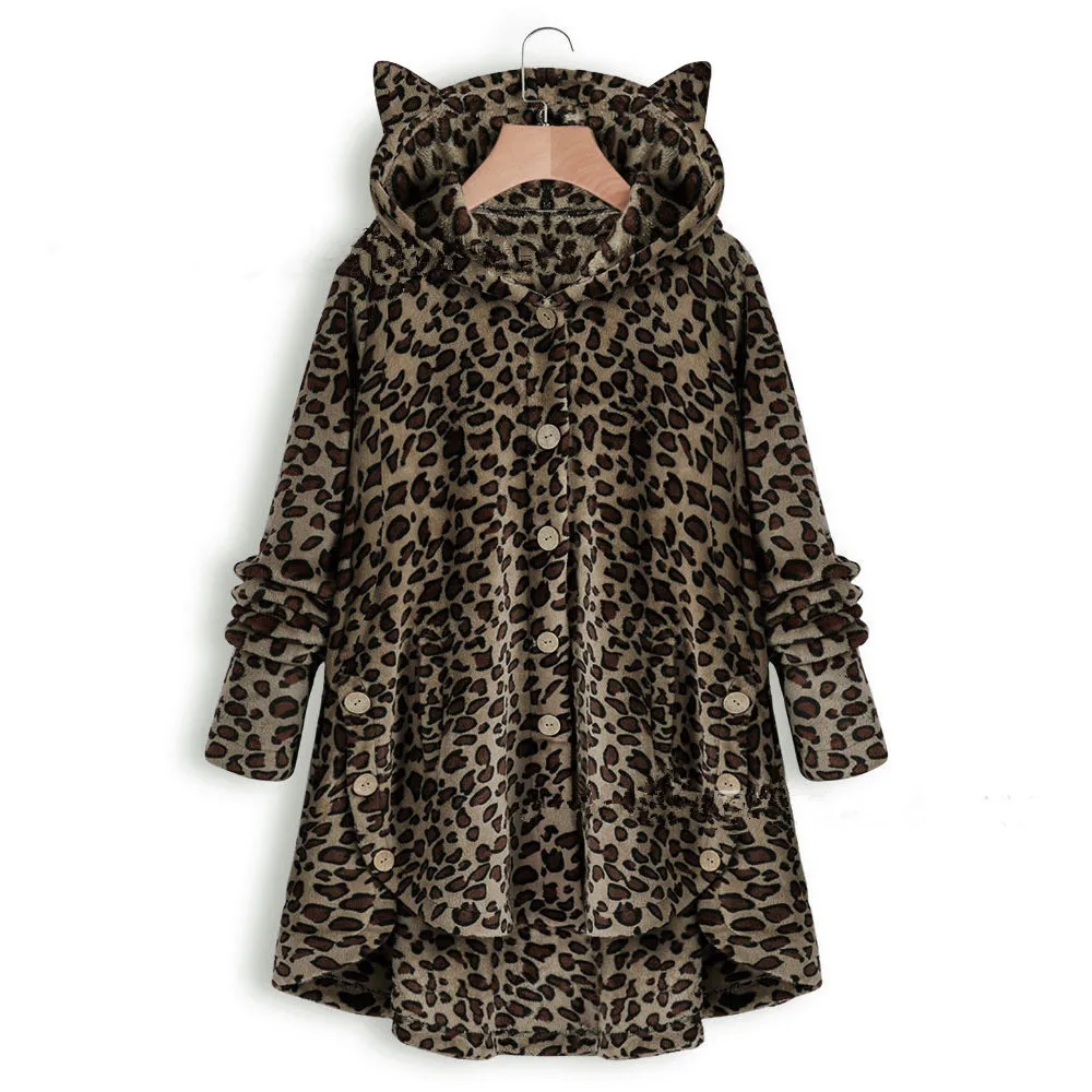 Button Hooded Cat\'s Ears Steamed Cat-ear Shaped Bread Plush Top Irregular Trendy Brand Solid Coat Women