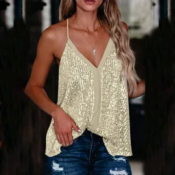 Dorywczo luźne cekiny Spaghetti Tank T Shirt 2022 lato bez rękawów Pure Color koszulki dla kobiet czarny biuro T-shirt topy Femme