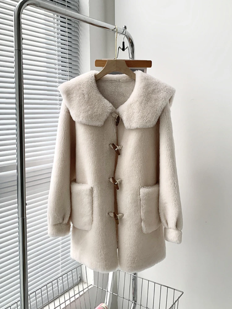 MENINA BONITA – manteau en fourrure véritable pour femme, veste d'hiver longue, tissage naturel, laine, bouton en corne, épais et chaud, col bleu marine, vêtements d'extérieur, 2022