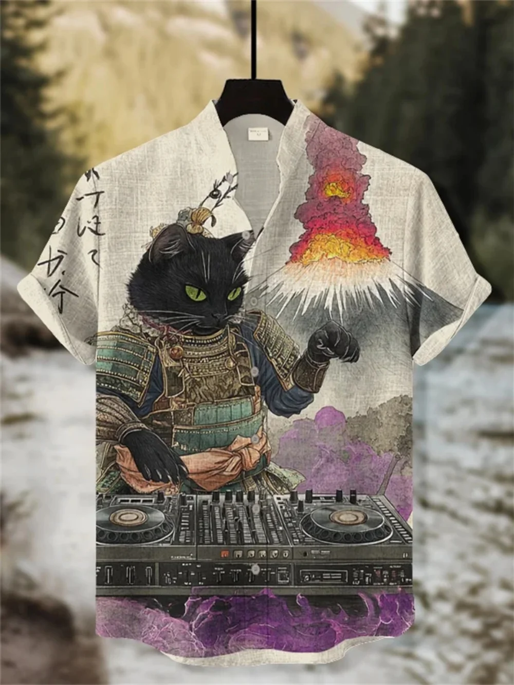 

Men's Fashionable Stand-Up Collar Short-Sleeved Hawaiian Beach Linen Shirt Creative Printed High-Quality Streetwear 2025