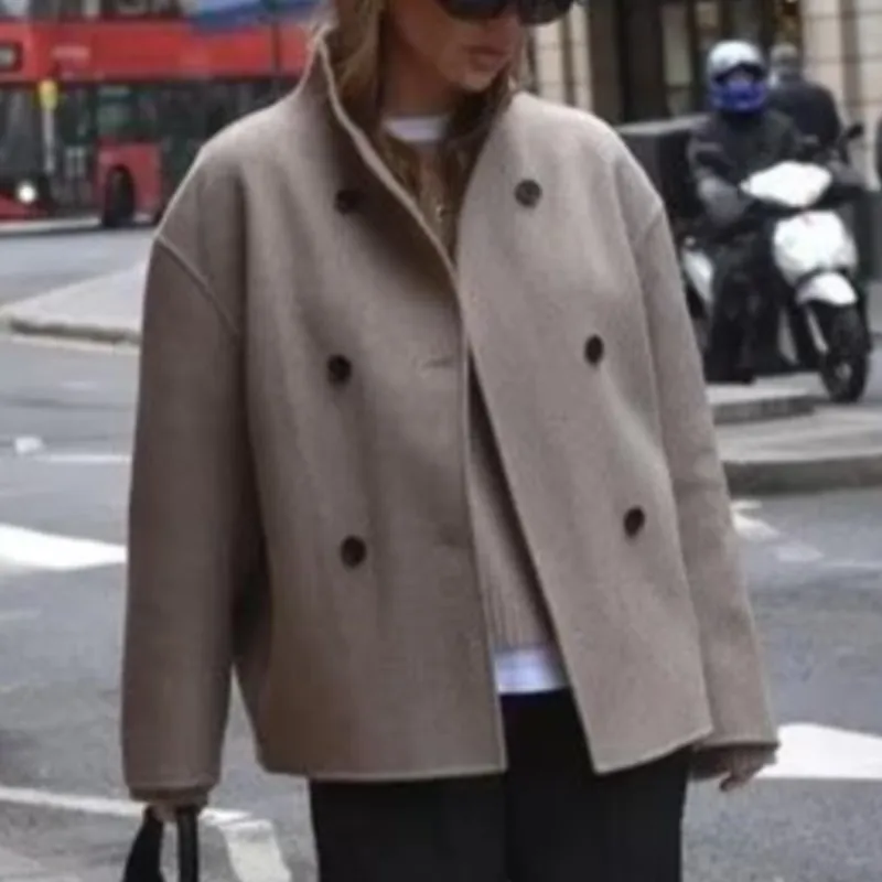 

Теплые ветрозащитные куртки, топы, новинка зимы 2025, женская стильная элегантная куртка свободного кроя, двубортное шерстяное пальто с v-образным вырезом