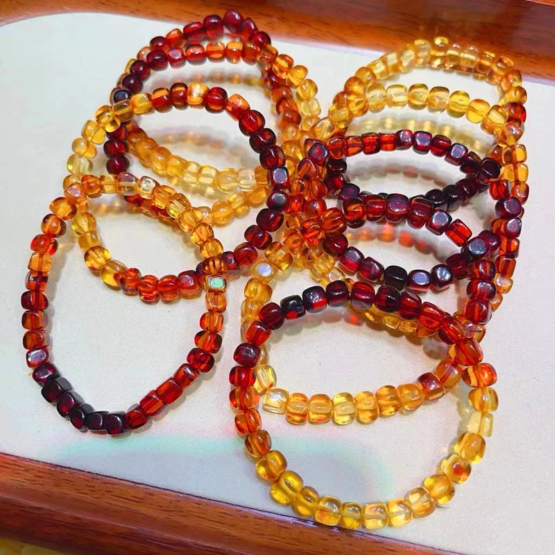 6mm Natural Baltic Amber Bracelet For Women Fashion Rainbow Gradient Color Square Elasticity Aldult Amber Bead Jewelry Gift