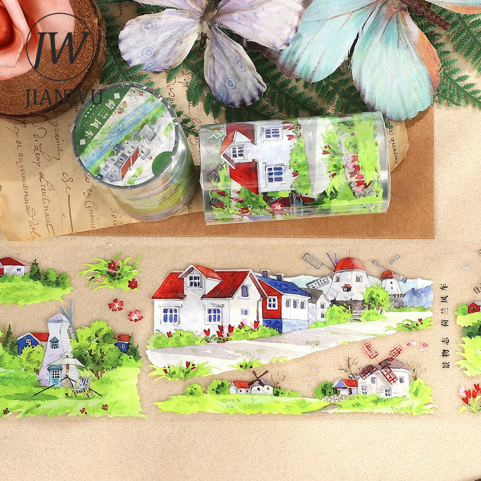JIANWU 70mm*5m Vintage Dutch Windmill Field House Landscape Material Collage Scrapbooking PET Tape Creative Journal Stationery