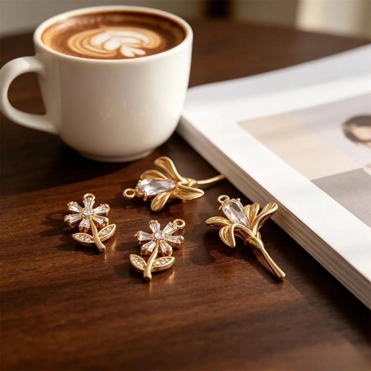 Mini Shiny CZ Flower Pendants 14K Gold Plated Brass For DIY Earring Necklace Bracelet Jewelry Making