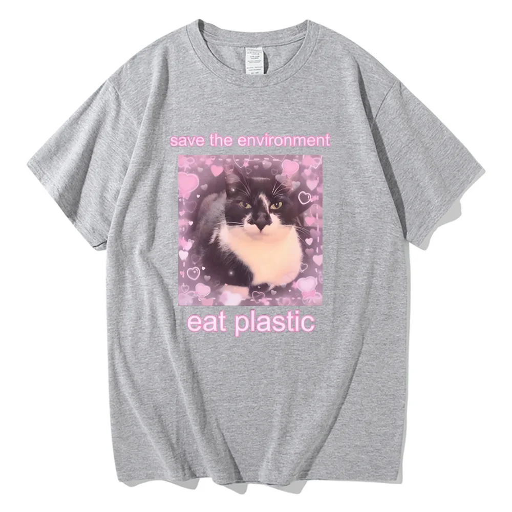 Save The Environment Eat Plastic Meme Cat T-shirts Short Sleeve Summer Cotton Tee-shirt Cartoon Graphic Tees Girls Women Tshirts