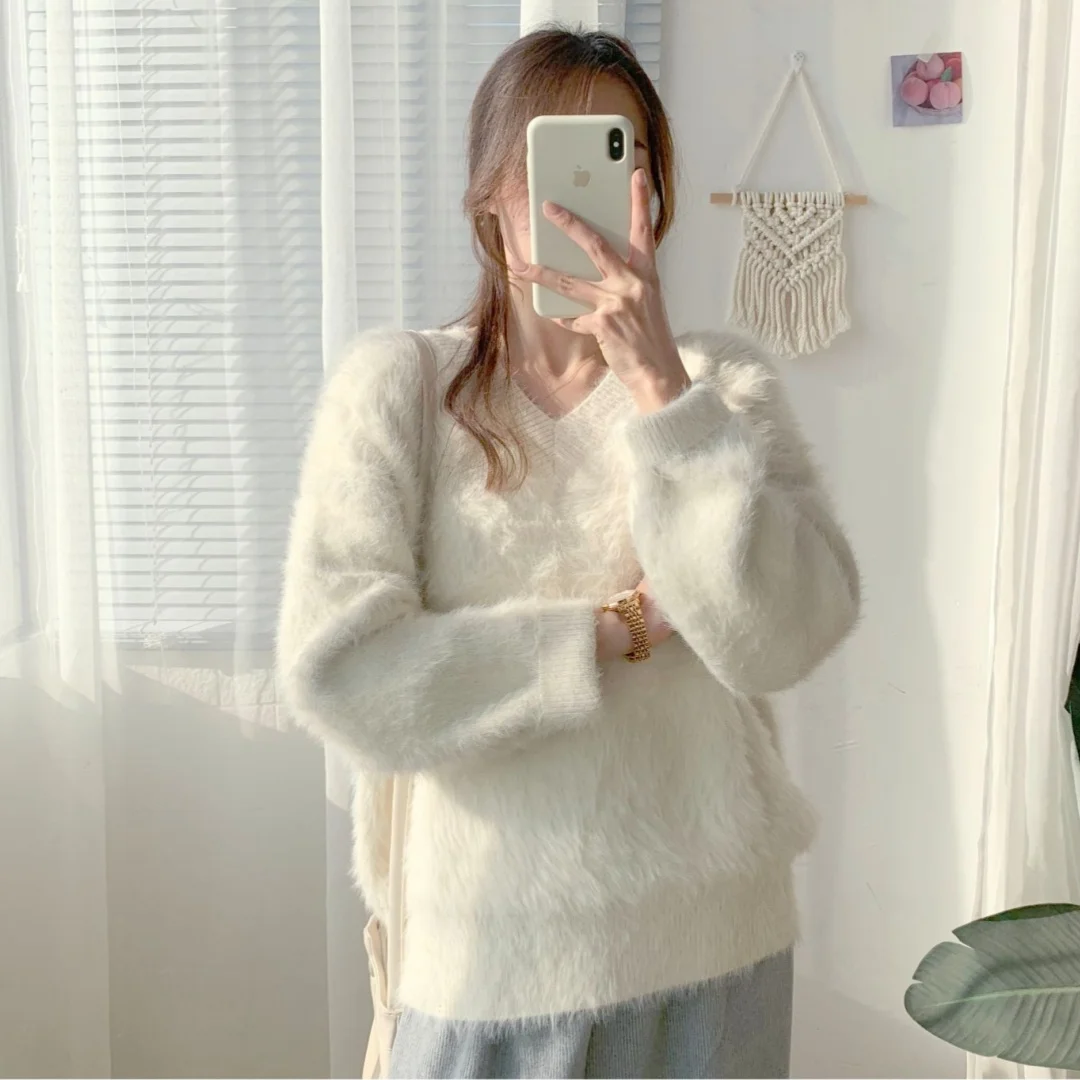 Chic Fluffy Sweater Women's Autumn Winter Thickened Pullover Winter Loose Mohair V-neck Tops  Y2k  Jumper