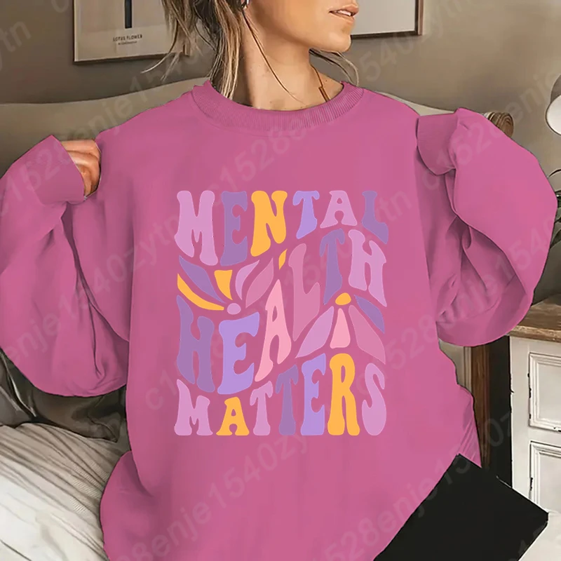 Moda feminina topos flor cuidados de saúde mental imprimir em torno do pescoço pullovers esporte casual ao ar livre manga longa moletom sem capuz