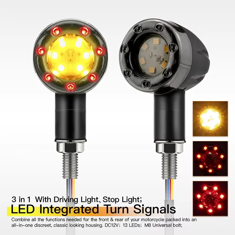 Motorcycle Turn Signal Light LED Mini Bullet Moto Indicators Stop Light LED Universal 12V 8mm LED Brake Amber Red Tail Lamp
