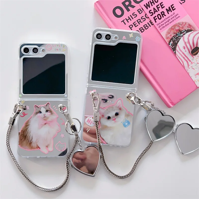 Cute Cat Mirror Surface Phone Case for Samsung Galaxy Z Flip 5 4 3 Protective Back Cover for ZFlip3 ZFlip4 ZFlip5 Case Shell