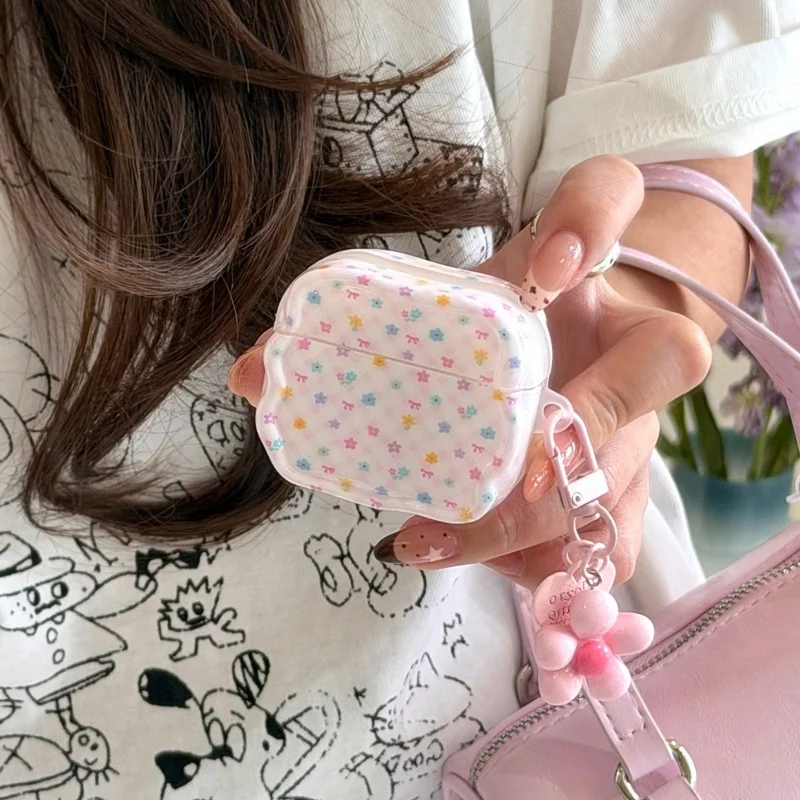 

Korean Cute Little Flower Print Earphone Case For Apple Airpods Pro 2 3 4 Cover with Pendant Silicone Headphone Protective Cases