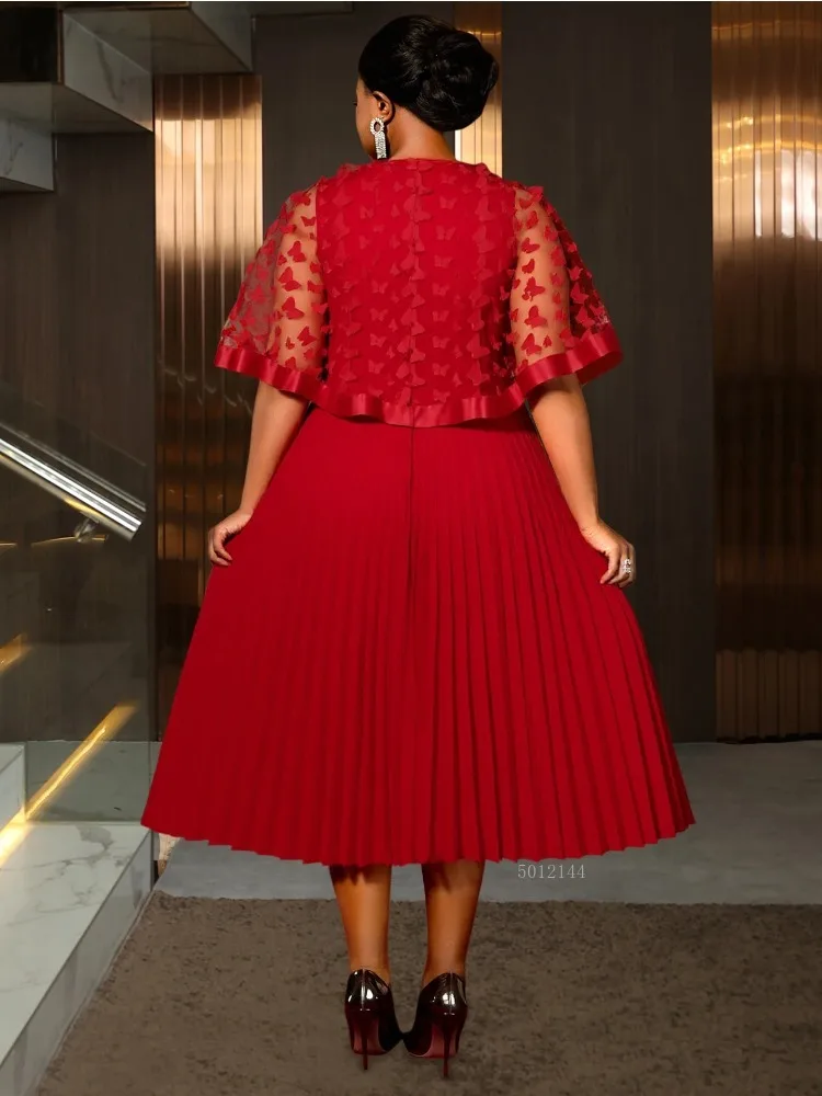 Elegancka sukienka midi damska z przezroczystym płaszczem z siateczki, dekolt w kształcie litery O z motywem motyla 3D, bez rękawów, plisowana, stylowa suknia wieczorowa na przyjęcie, wesele, dla gości weselnych.