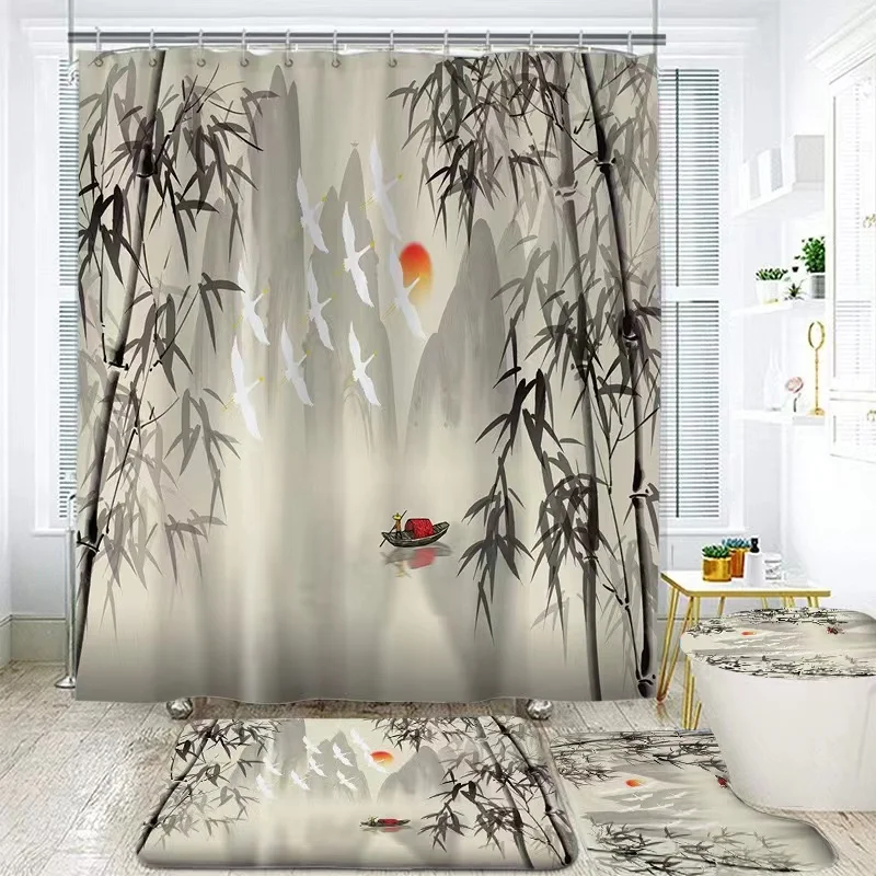 Landscape Ink Bamboo Painting Shower Curtains Chinese Style Bathroom Accessories Partition Waterproof Bath Curtains Rugs,Mat Set