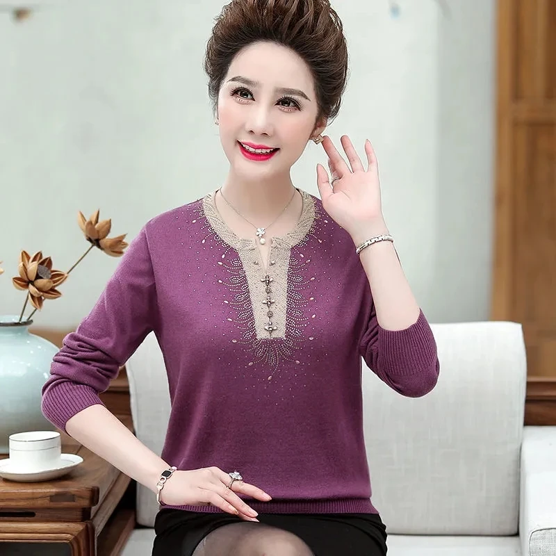 Middle-aged Women's Spring Autumn Lapel Cashmere Sweater New Embroided Wool Pullovers Tops knitted Jumper Mujer 4XL55