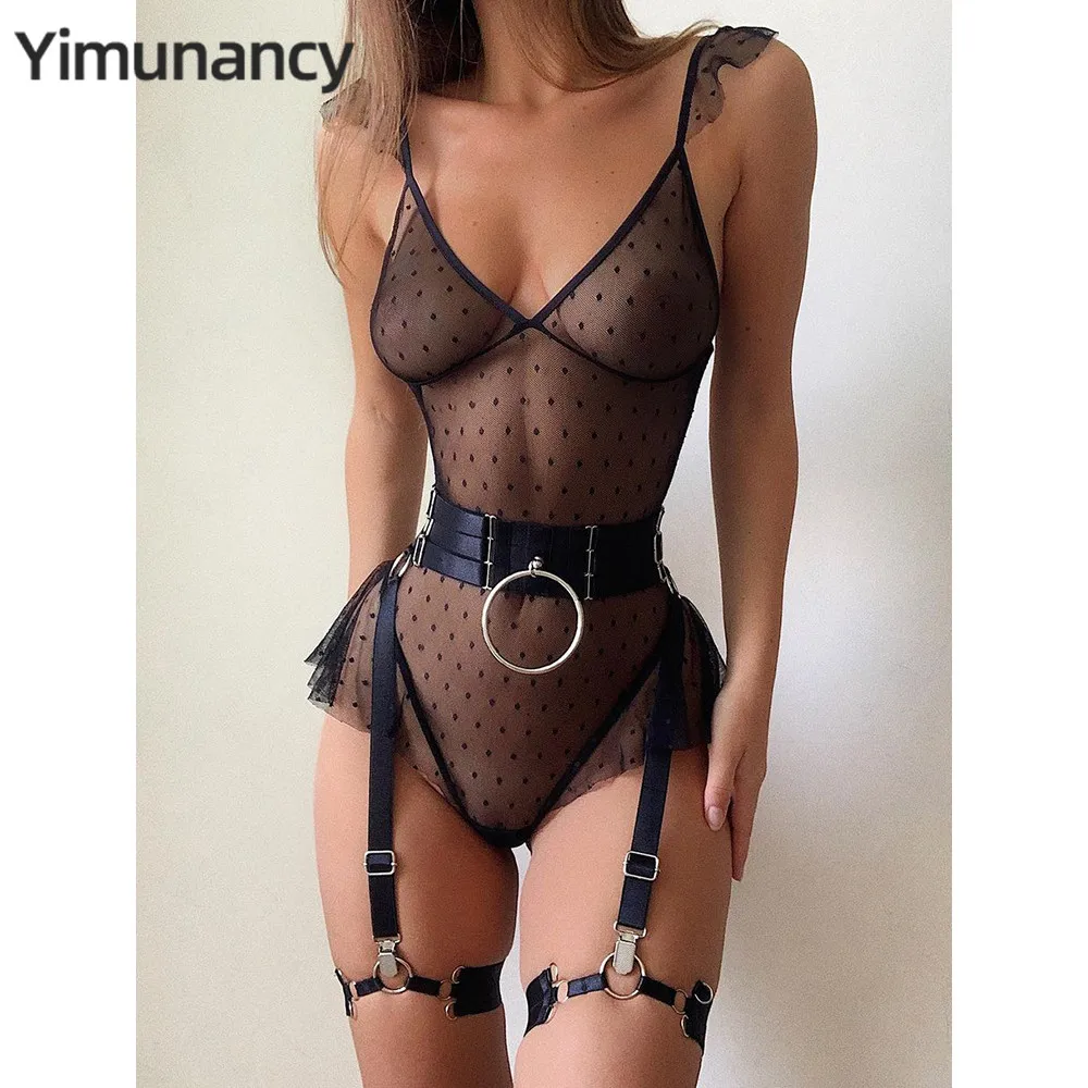 Yimunancy One Piece Lace Sexy Backless Bodysuit Ladies Dot Mesh Sheer Sexy Bodysuit Bandage Body Femme