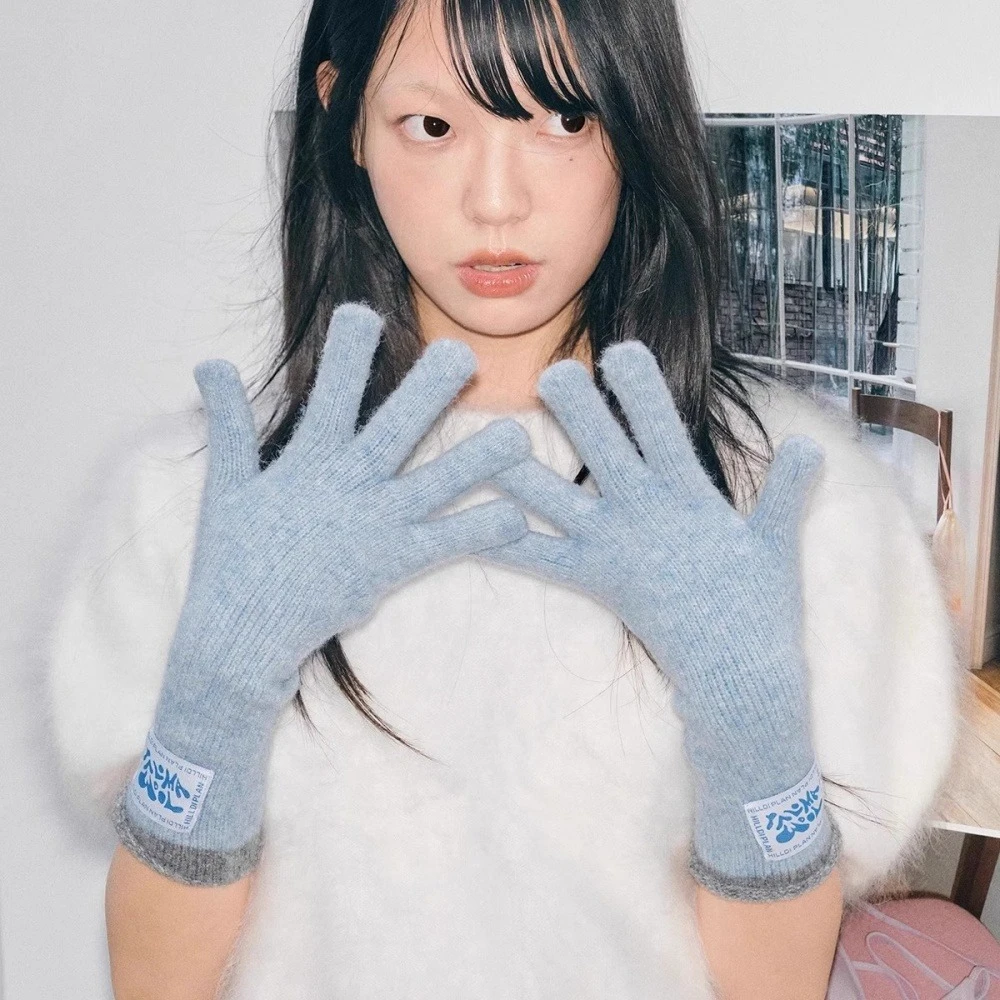 Korean mid-length label curly warm gloves for women dopamine color-blocking knitted touch screen student five-finger gloves