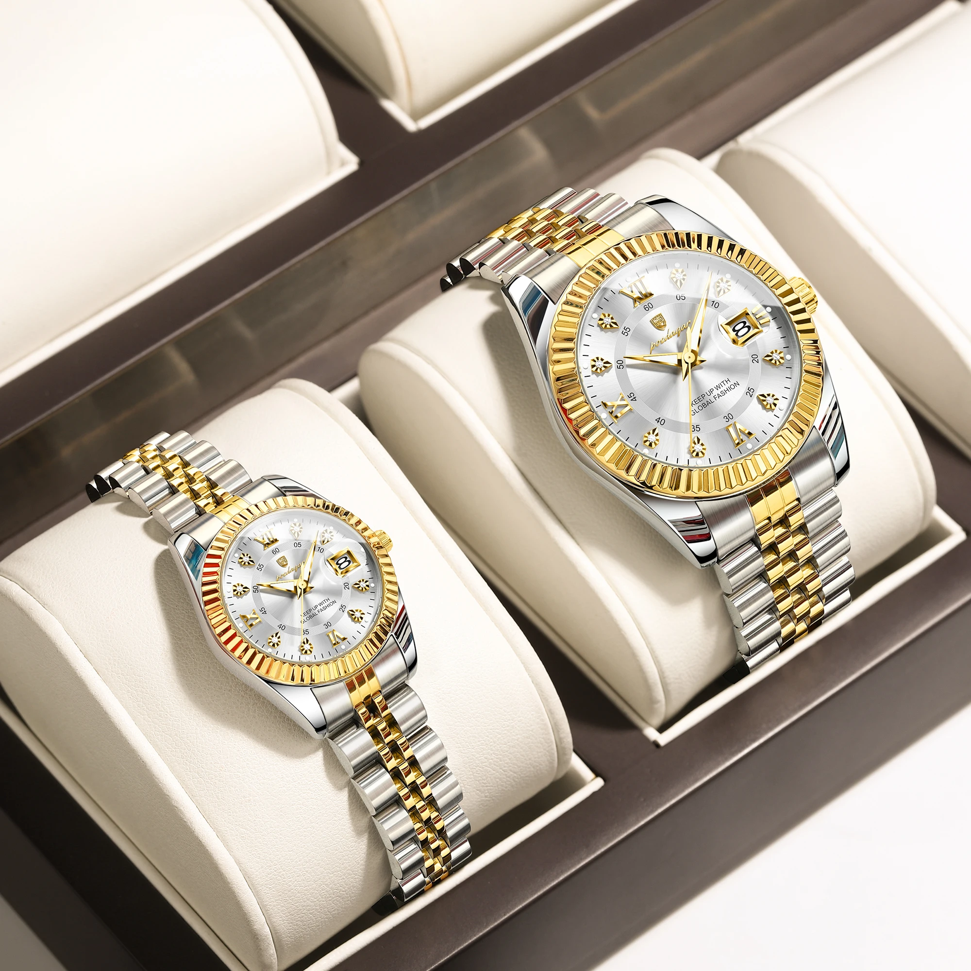 POEDAGAR Luxury Fashion Couple's Watches Luminous Date Quartz Watches For Couple Stainless Steel Matched Lovers Couple Watch+Box