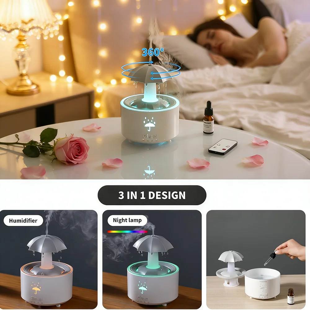 ناشر رائحة قطرة المطر المقلد الجديد الدوار لعام 2025 مع أضواء محيطة بـ 7 ألوان، و3 إعدادات للمؤقت، ومرطب هواء هادئ