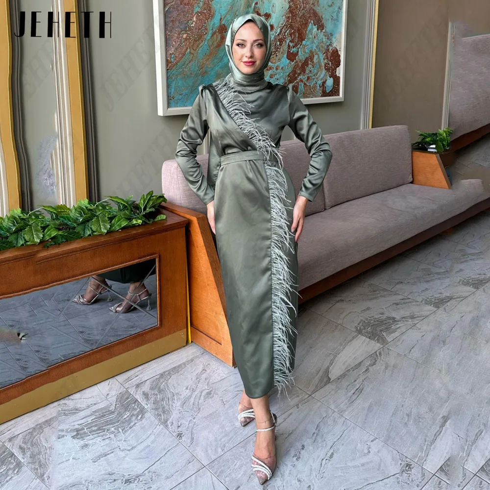 JEHETH Elegant Long Sleeves Saudi Arabia Prom Gown Mermaid Satin Tea-Length Feature Evening Dress O-Neck فساتين سهره فاخره 2024