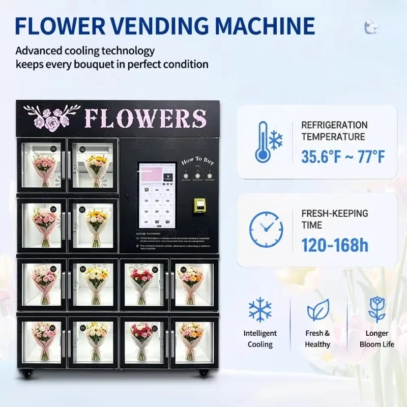 OEM Intelligent Fresh Flower Vending Machine QR Code Mechanical Sensor Cashless Remote Monitoring Compressor Cooling