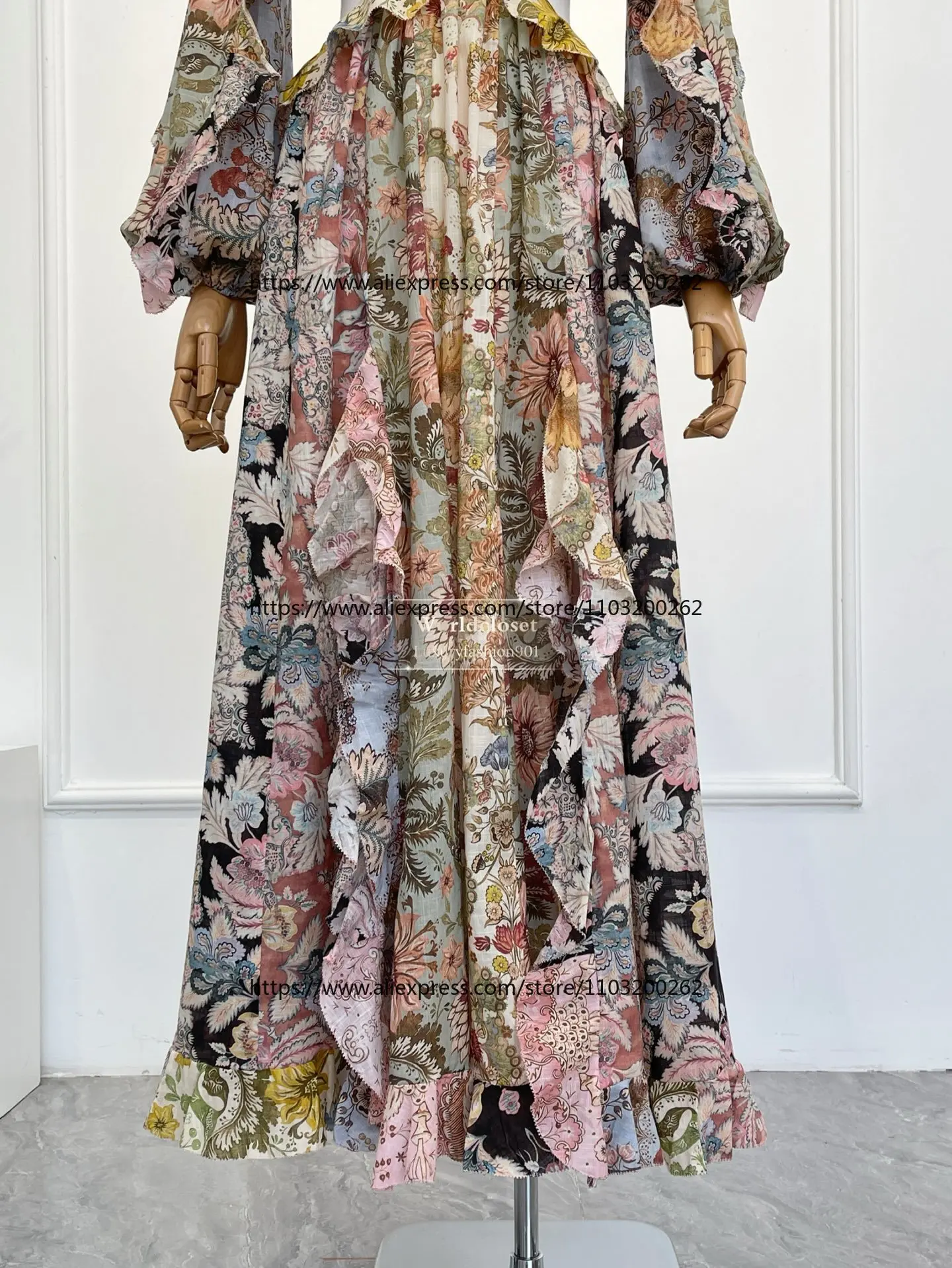 Pink Floral Print Long Sleeve Ruffles Cut Out Waist Backless Maxi Dress 2026 High Quality