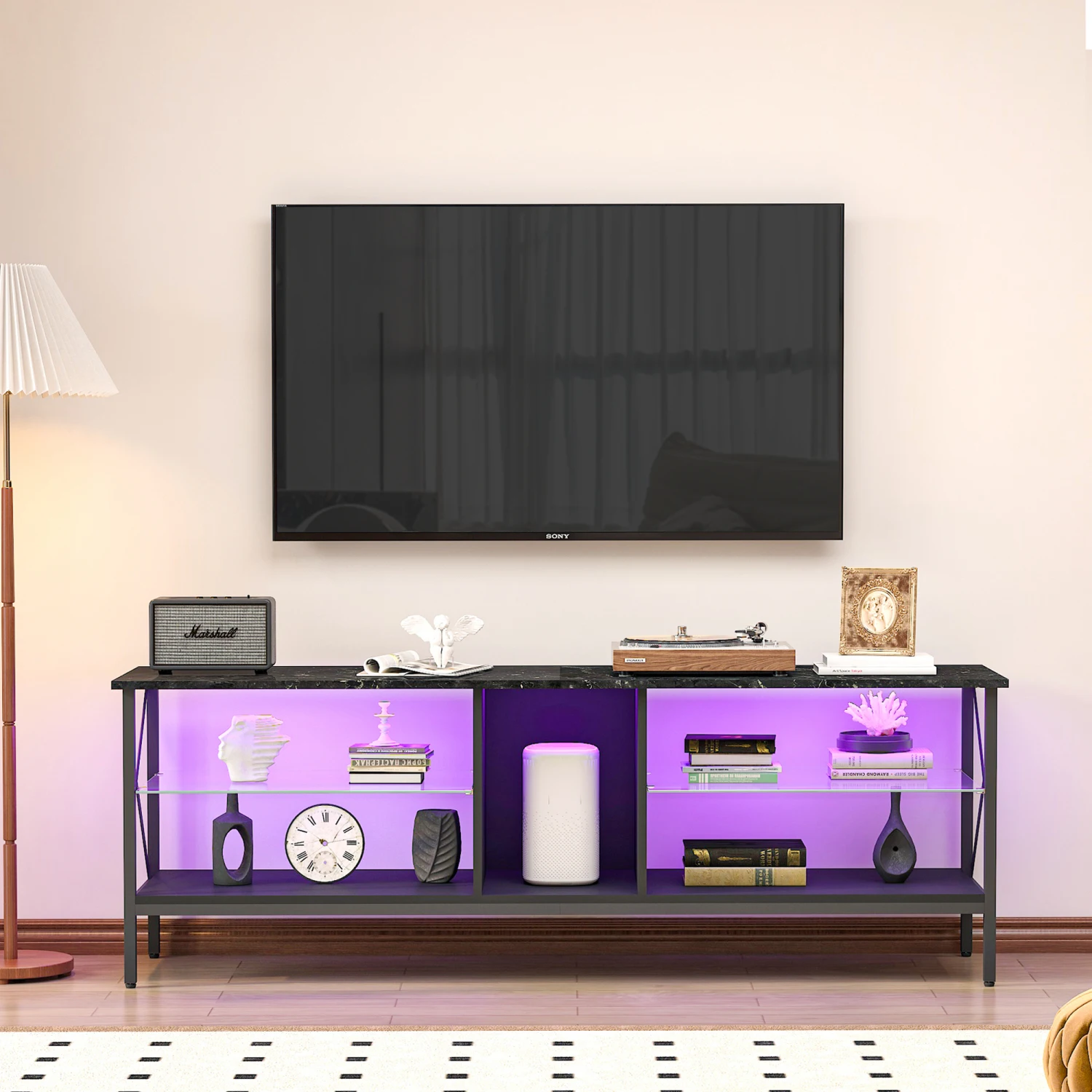 

TV stand,Iron TV cabinet,entertainment center, TV set, media console, with LED lights, remote control,toughened glass stand,can