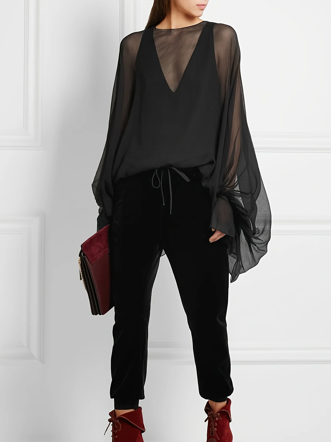 Blusa Nera in Chiffon con Rete e Scollo a O da Donna, Estiva, Trasparente, a Maniche Lunghe a Pipistrello, Vestibilità Ampia, Chic, Taglie Forti