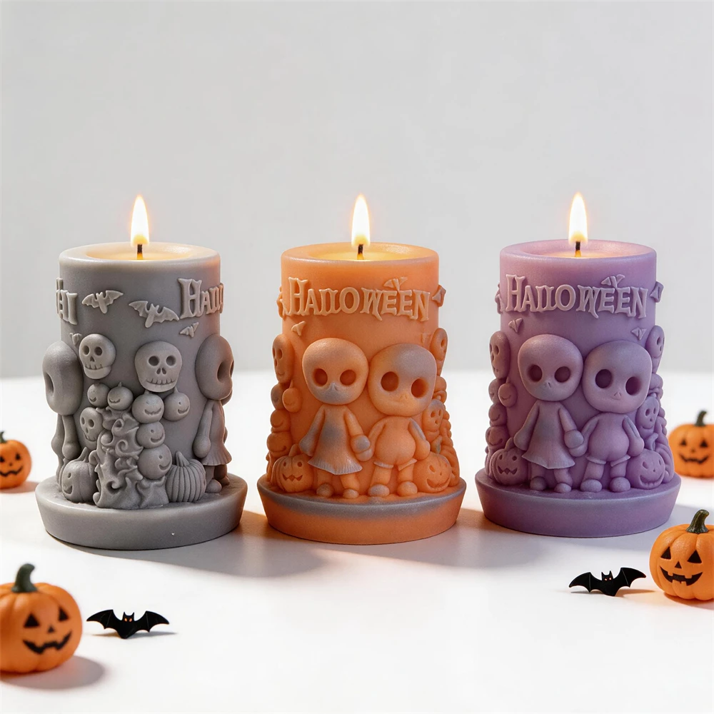 

Halloween Pumpkin Ghost Pillar Candle Mold Haunted House Bat Skull Resin Plaster Silicone Mold for Humor Spooky Halloween Decor
