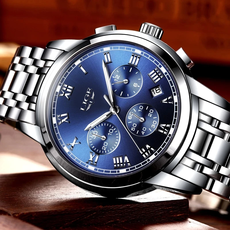 LIGE  Fashion Watches with Stainless Steel Top Brand Luxury Sports Chronograph Quartz Wristwatc Men Relogio Masculino