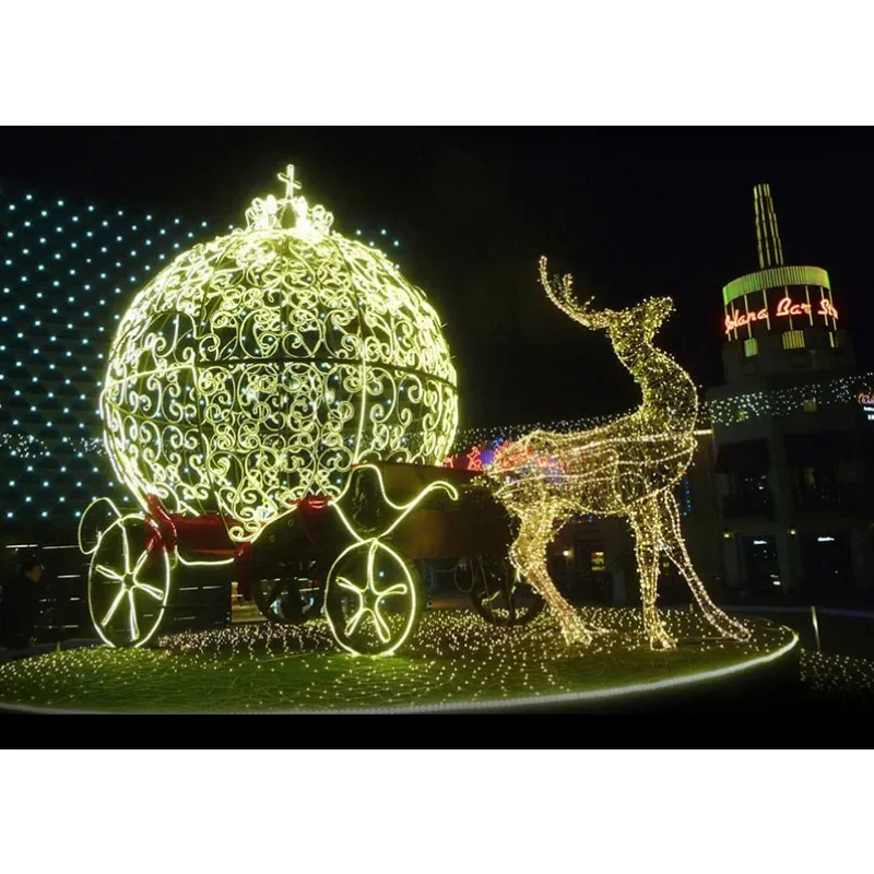 outdoor customized iron frame  3D  light animal reindeer with sled Christmas motif lights