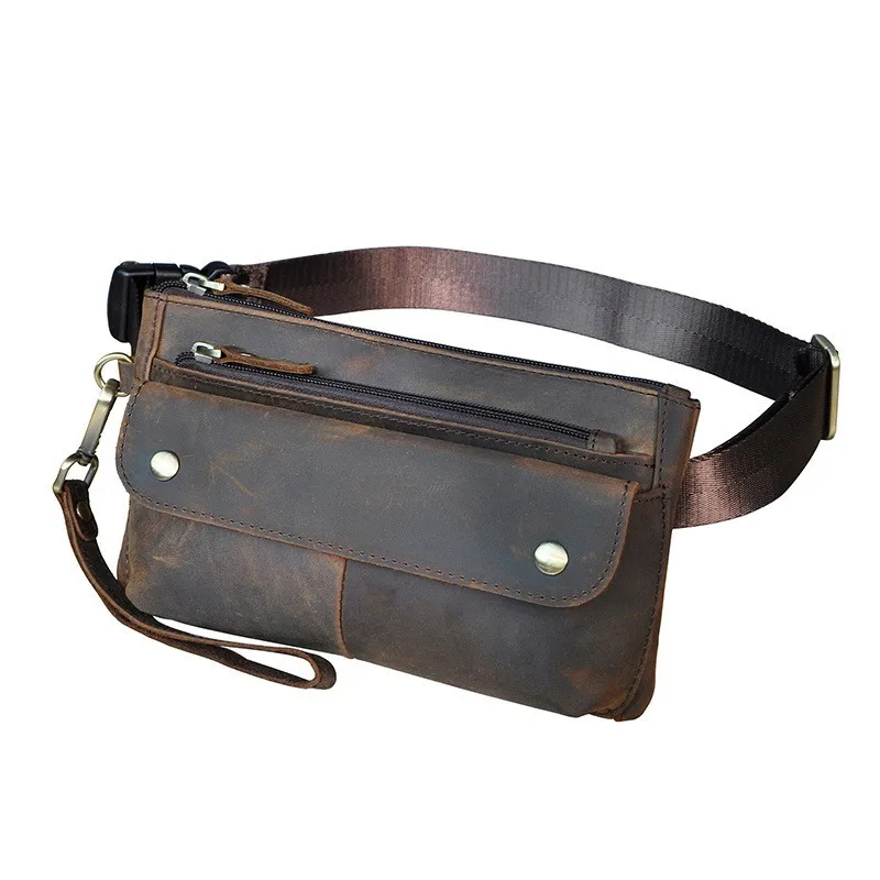 Oily Leather Cowhide Real Leather Men\'s Fashion Cool Mobile Phone Camera Outdoor 7 Inch Chest Bag Waist Bag