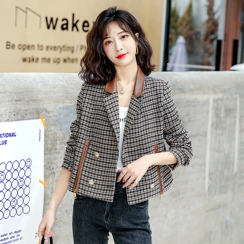 Women's Plaid Stitching Suit Woolen Popular Coat Autumn Winter Lapel Short Fashion Casual Blazers
