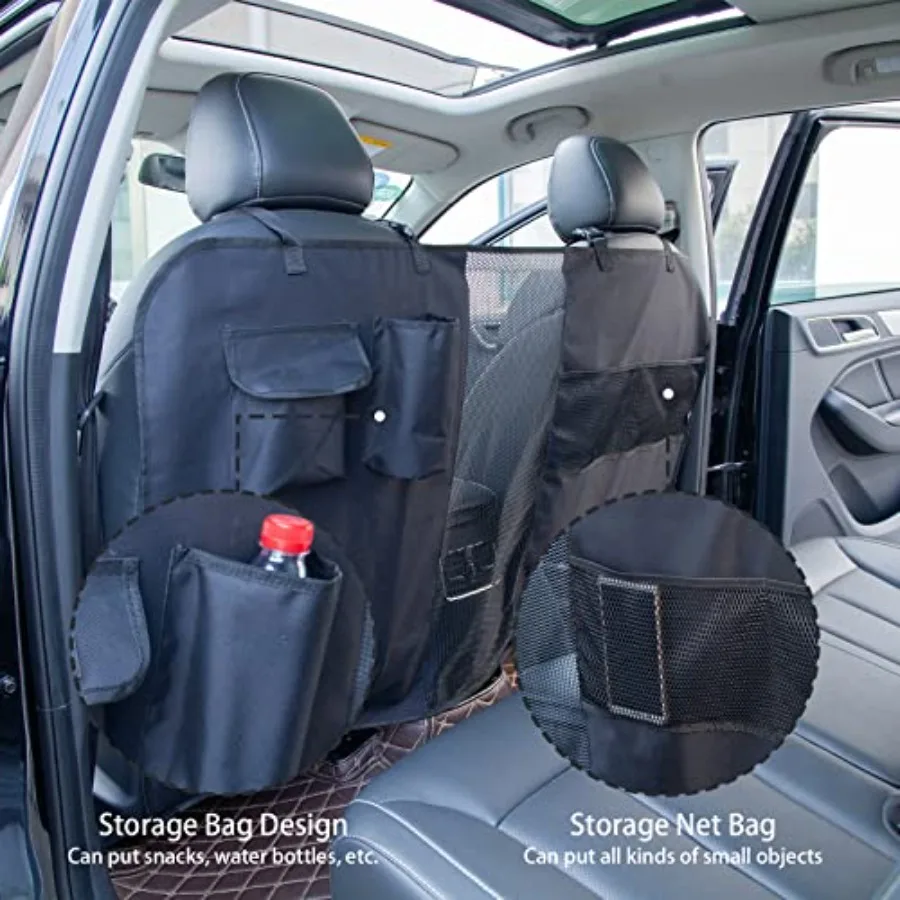 Barrière universelle pour voiture de chien avec sac de rangement et corde réglable pour séparateur de siège arrière SUV pour voyager en toute sécurité avec et animaux de compagnie