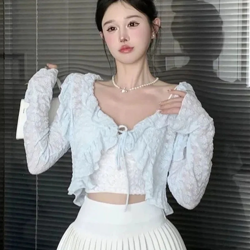 

Корейский кардиган с рюшами, женский, с длинным рукавом, в стиле Харадзюку Y2K, белый топ, нежный, элегантный, на шнуровке, сексуальный укороченный вязаный свитер-шаль