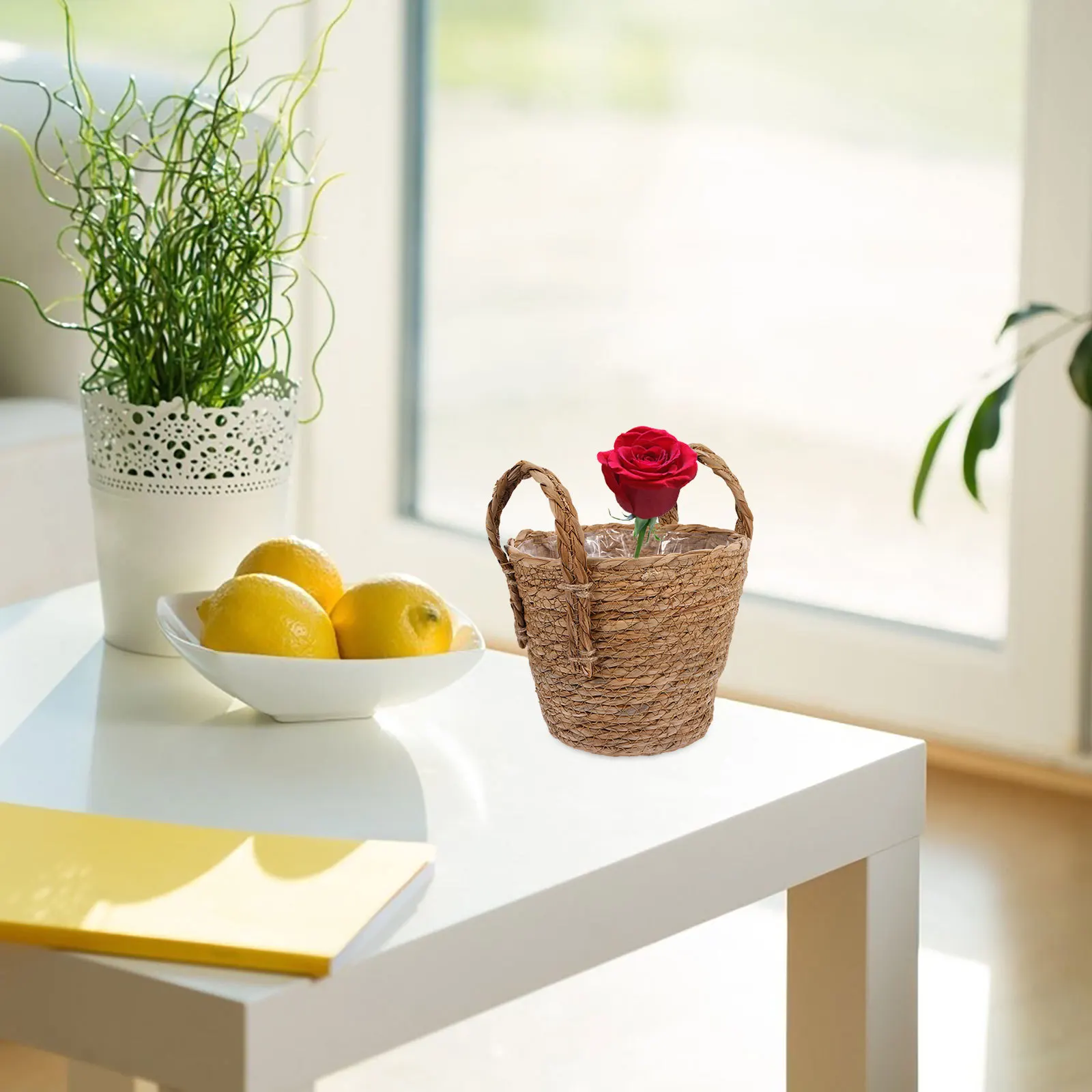 

1Pcs Straw Flowerpot Multipurpose Storage Basket Retro Planter Seaweed Material Flower Vase for Cabinets Tables 16cm