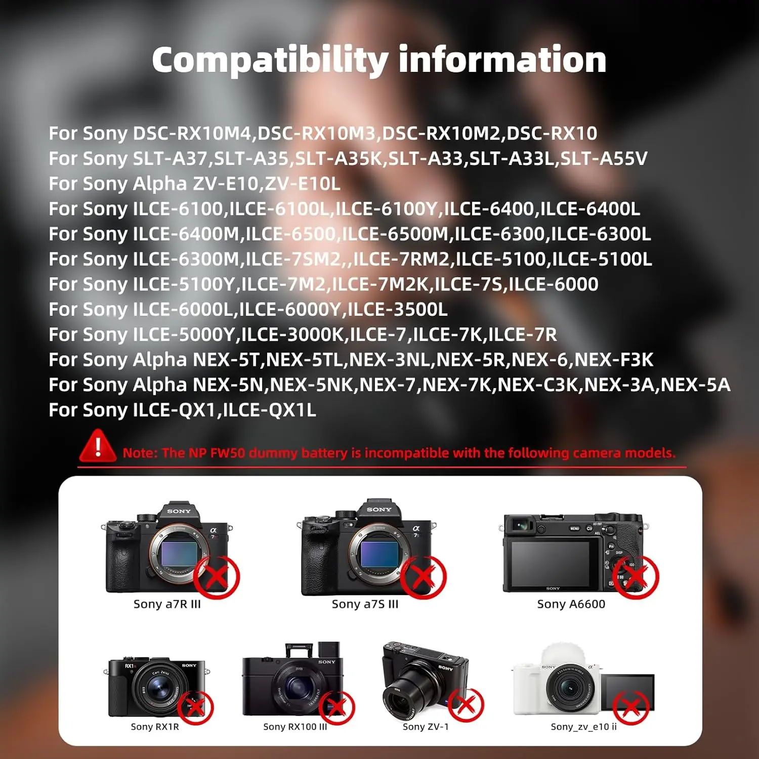 AC-PW20 مصدر الطاقة NP-FW50 ZV-E10 بطارية الدمية AC PW20 مجموعة محول التيار المتردد المستمر لسوني ألفا ZVE10 A6400 A6000 A5100 A6100 A6300 A6500 A7 A7II A7S A7SII Cyber-shot DSC-RX10 II III IV، NEX-3Cameras.