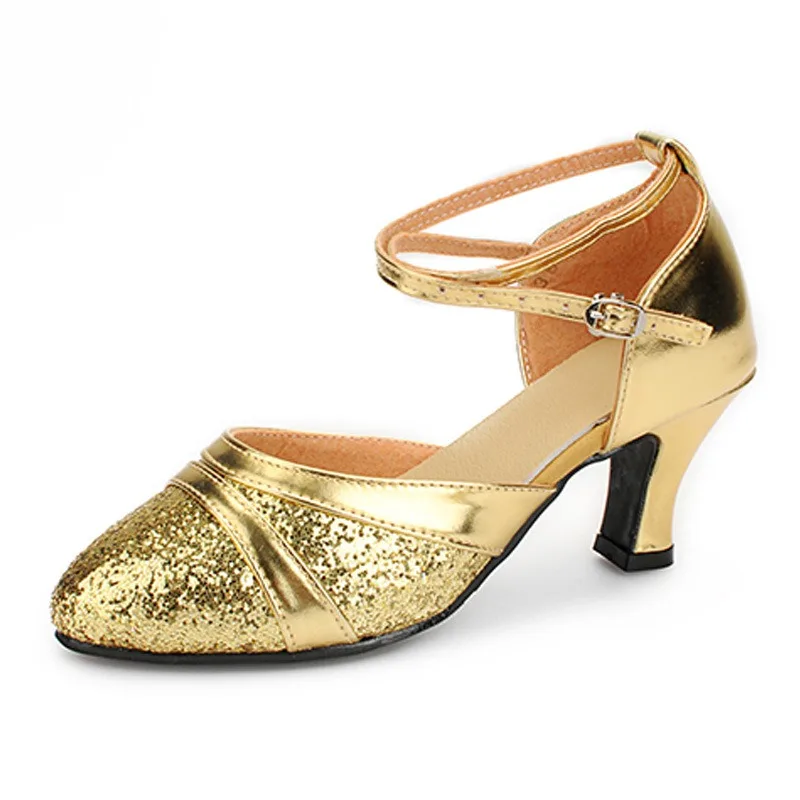 customized Latin dance shoes adult mid heeled soft soled women's dance shoes square dance modern shoes sparkling gold sequins