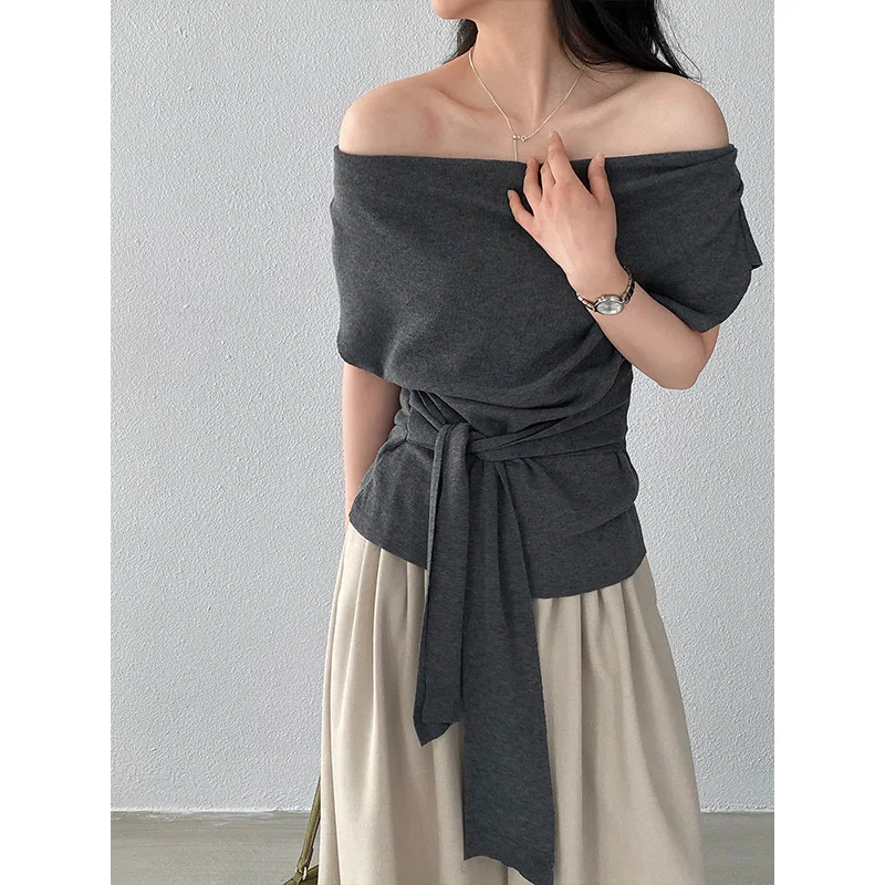 

Slimming Effect Knitted ort Sve Women's T-irt Korean Sle Asymmetrical Neline Mocha een Faionable Basic Wool Bl...